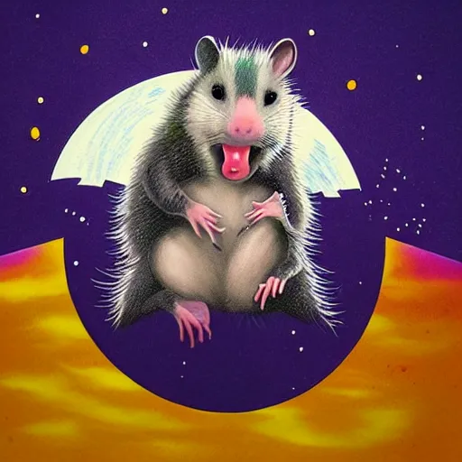 Prompt: “an opossum screaming at the moon on a pile of trash, 90’s airbrush design”