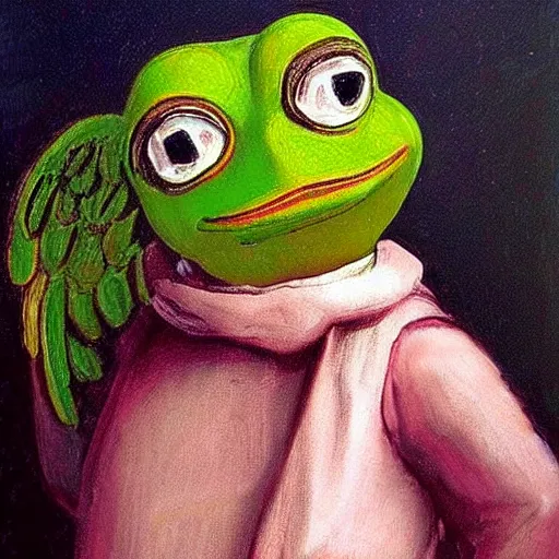 Prompt: pepe the frog as an angel. He is holding a broken heart and looking dejected, oil painting by Rembrandt