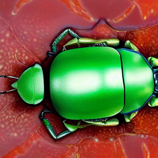 Image similar to hybrid of green beetle and red turtle, photorealistic, close - up