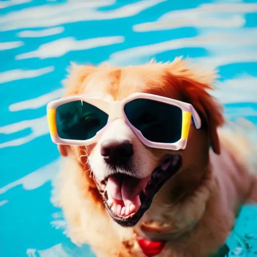 Prompt: photo of dog wearing sunglasses in swimming pool cinestill, 800t, 35mm, full-HD