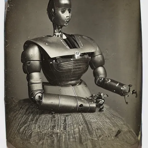 Image similar to humanoid robot, advanced humanoid robots, sleek robot, in log cabin living room, tintype photograph, daguerrotype, 1 8 7 0 s photograph