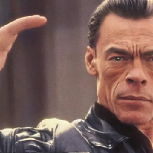 Image similar to jean-claude van Damme saluting by putting the tip of his foot against is head