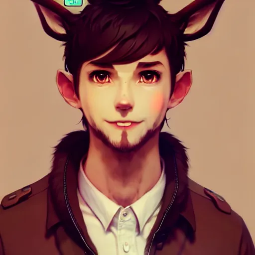 Prompt: character design portrait of a kind anthropomorphic furry deer man with deer ears, short brown hair, wearing a shirt, looking at the camera, 4 k, concept art, by wlop, ilya kuvshinov, artgerm, krenz cushart, pixiv.