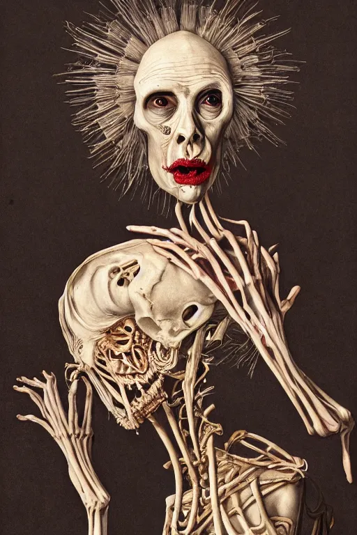 Image similar to Detailed maximalist portrait of an old woman with large lips and eyes, scared, botanical skeletal with extra flesh, HD mixed media, 3D collage, highly detailed and intricate, surreal illustration in the style of Caravaggio, dark art, baroque