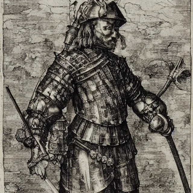 Prompt: “An engraving of a landsknecht by Albrecht Durer (1523)”