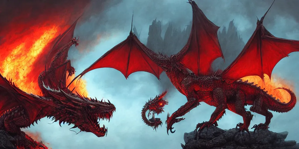 Image similar to a dragon born on the flames, post - war scenery, red - toned mist, epic environment, skeletons, ultra wide angle, 8 k, ultra _ realistic, art by nills ham and alan lee