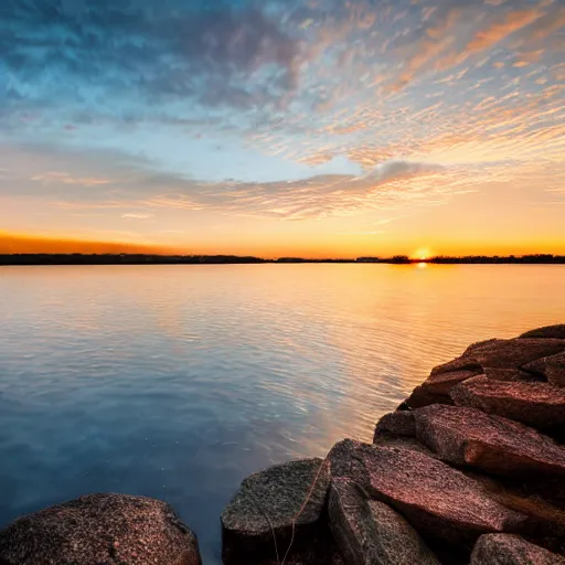 Image similar to lovebird watching fireworks show at a lake, reflective, sunset, landscape photography, nature, stones