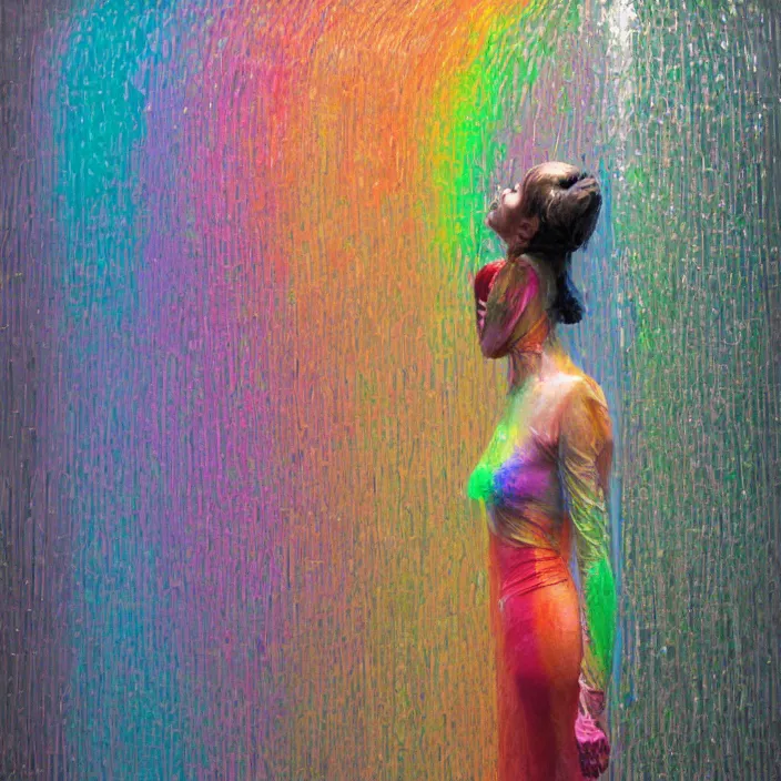 Prompt: colorful rainbow woman portrait raining in a translucent clothing made from plastic bag with paper bags for clothes standing inside paper bags with paper bag over the head at store display, highly detailed, artstation, art by , edward hopper, zdislav beksinski, wayne barlowe
