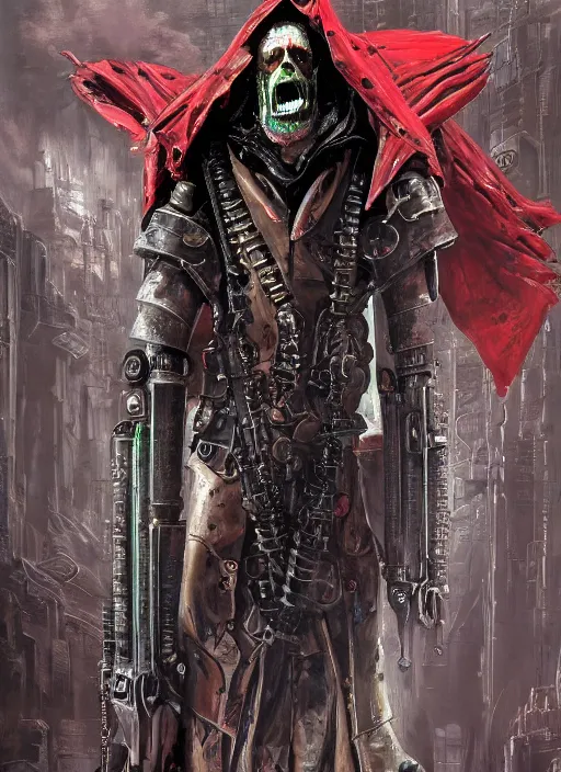 Image similar to portrait of rotten Nicolas Cage as adeptus mechanicus in red hood and robe from Warhammer 40000. Highly detailed, artstation, illustration by and John Blanche and zdislav beksinski and wayne barlowe