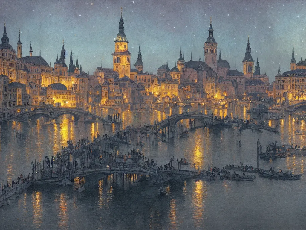 Prompt: a view from the river a city resembling prague, paris, and venice at night with a sky full of nebulas, intricate, elegant, highly detailed, digital painting, artstation, concept art, smooth, sharp focus, colored illustration for tattoo, art by l birge harrison and krenz cushart and artem demura and alphonse mucha,