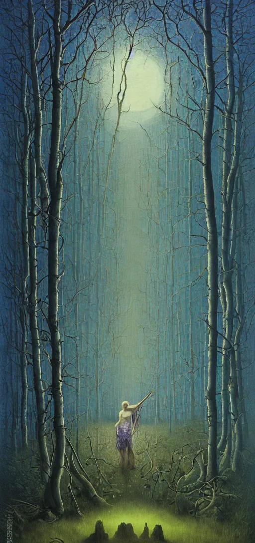 Image similar to painterly dreamy Kupala Night in the blue forest with trees which have eyes, giant flowers, glowing owls, deers, women, lianas, thistles, giant fantasy creatures, a stream and sky with moon and stars by Beksinski, Alex Grey, Aron Wiesenfeld and Giger dark fantasy, witcher, very detailed oil painting in the alla prima style, masterpiece, 8k