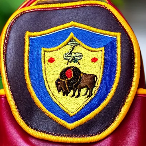 Image similar to closeup photo of a colorful embroidered patch of the coat - of - arms of a buffalo - themed house of hogwarts. the patch is sewn onto a leather school - bag. the name watanka appears on the patch.