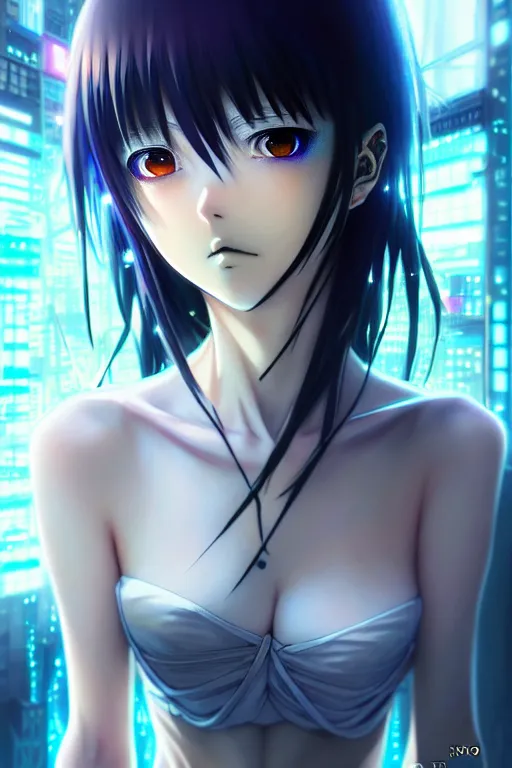 Prompt: ”ultra realistic, beautiful anime woman, modern, cyberpunk, fantasy, magical, eerie, intricate, elegant, super highly detailed, professional digital painting, artstation, concept art, smooth, sharp focus, no blur, no dof, extreme illustration, 8k resolution, beautiful, cinematic, art by artgerm and hayao miyazaki and eiichiro oda”