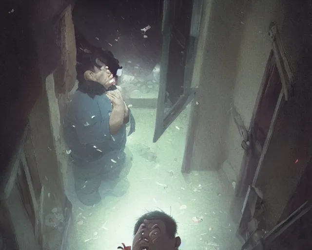 Image similar to a 50 year old brunnete chinese man with puffy cheeks bursting in tears on the floor, horror scene, dramatic, close up shot, anime art, Greg Rutkowski, studio ghibli, dramatic lighting