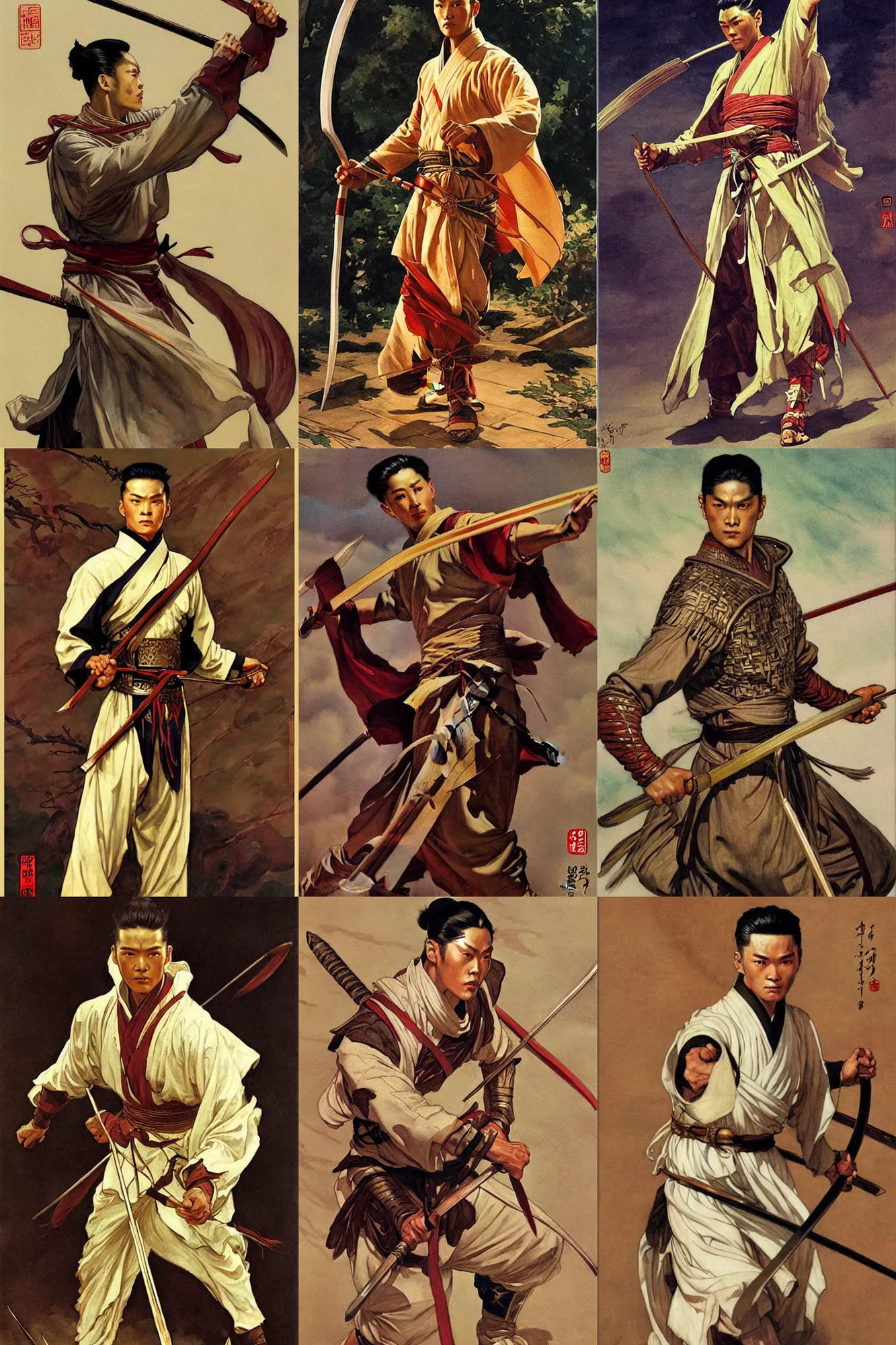 Prompt: wuxia male warrior, painting by j. c. leyendecker