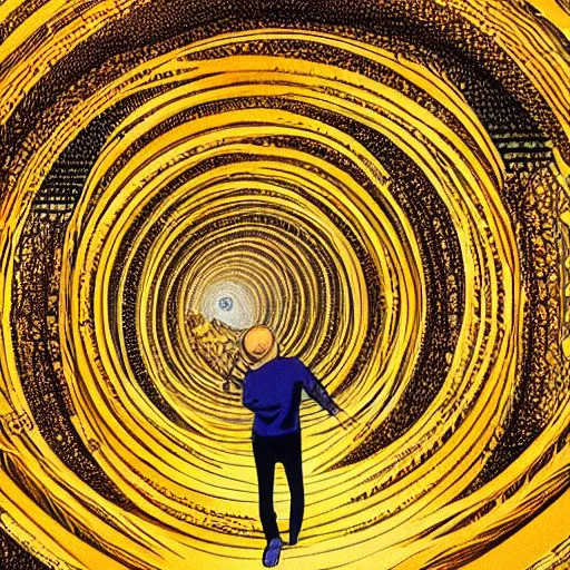 Image similar to vivid illustration of a person choosing between tunnels inside a highly intricate torus with detailed golden ornamentation and golden light, choosing between pathways