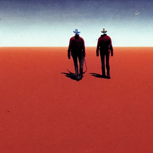 Image similar to group of cowboys walking through the red martian desert, retrofuturism sci - fi old movie, highly detailed, photorealistic, 8 k, by beksinski and stalenhag