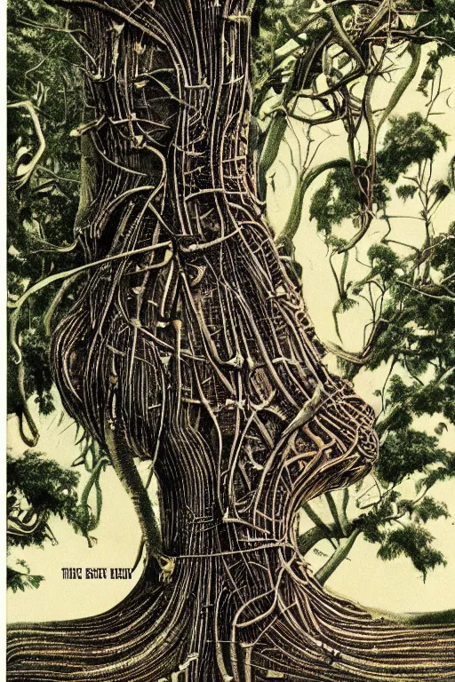 Image similar to vintage magazine advertisement depicting all of the knowledge in the world as a tree, by hr giger