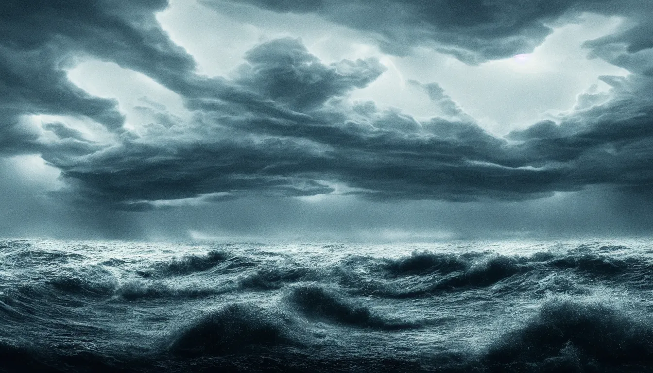 Prompt: lake, waves, nuclear rockets, strong wind, raining, distant thunder, atmospheric, scary, claustrophobic, ambient vibe, very detailed, high resolution, 8 k