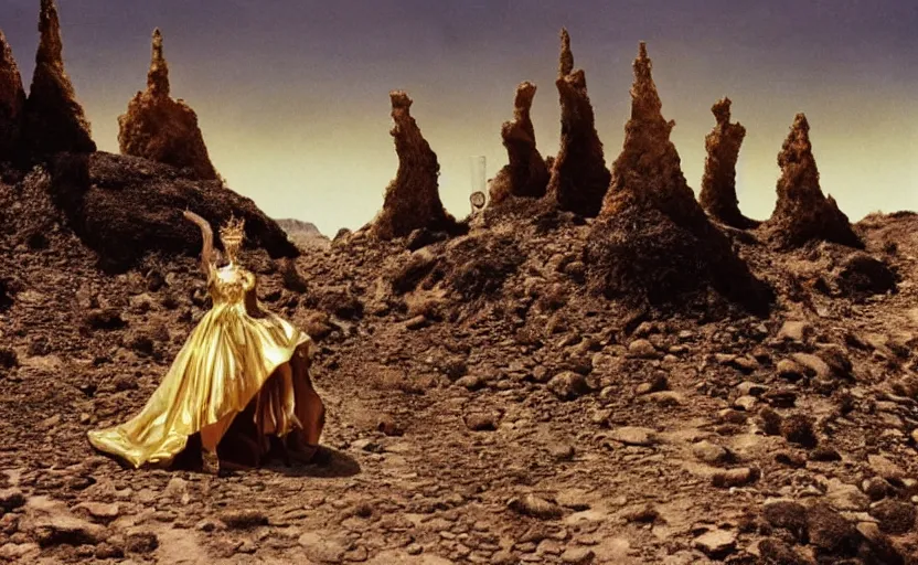 Image similar to portrait of salvador dali wearing a crown and golden dress with jewels in a dry rocky desert landscape, visible sky and sunny atmosphere, alien ruins by giger in the background, film still from the movie by alejandro jodorowsky with cinematogrophy of christopher doyle and art direction by hans giger, anamorphic lens, kodakchrome, very detailed photo, 8 k