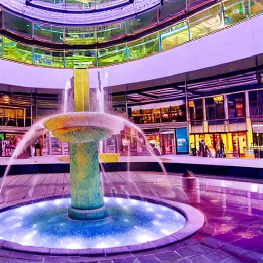 Image similar to A vast shopping mall interior with an enormous water feature, water fountain, water falls, photo taken at night, neon pillars, large crowd