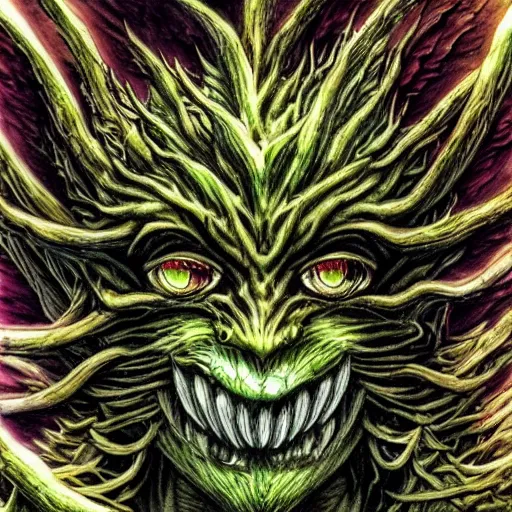 Prompt: a plant monster, menacing expression, nature themed, fantastical, glowing amber eyes, intricate details, highly detailed, kentaro miura art style