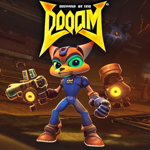 Prompt: ratchet & clank in the style of DOOM 1993 Game
