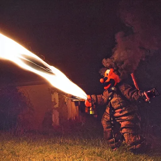 Image similar to photo of a clown using a flamethrower projecting a long bright flame towards a house fire, award-winning, highly-detailed, 8K