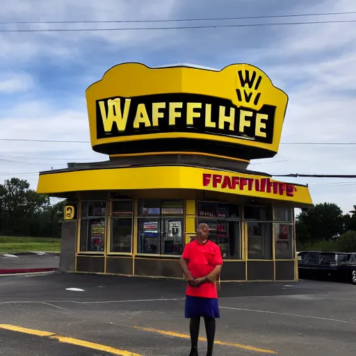 Prompt: wafflehouse employee's standing below wafflehouse sign, employees uniform is black and blue with yellow name tags-n 9