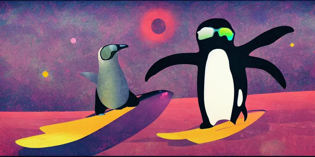 Image similar to a psychedelic surfing penguin, art station, art deco