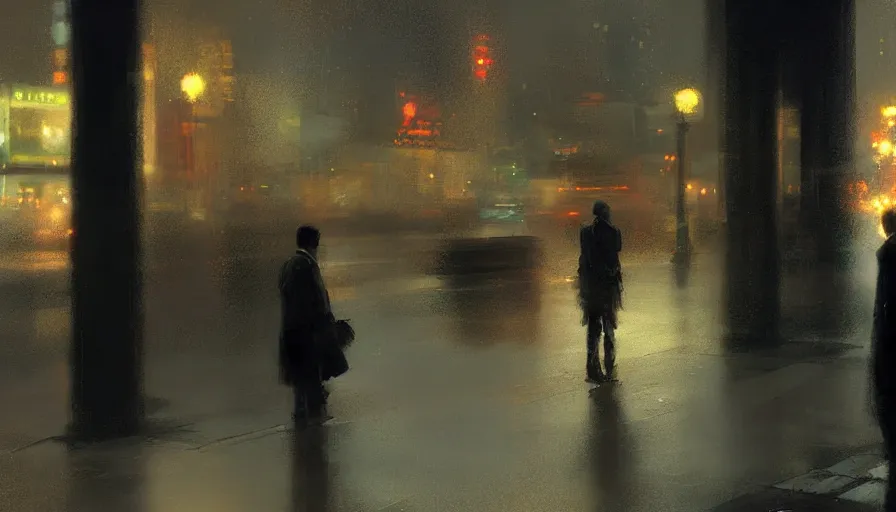 Prompt: a lonely man standing near a bus stop in a big city at night by craig mullins and ruan jia, atmospheric, vivid, masterpiece, bokeh