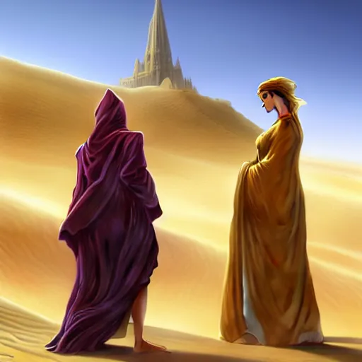 Image similar to three robed women on a sand dune, realistic, female, city in background, D&D, fantasy, intricate, elegant, highly detailed, digital painting, artstation, octane render, concept art, matte, sharp focus, illustration, hearthstone, shallow depth of field, dramatic lighting, art by Artgerm and Greg Rutkowski and Alphonse Mucha