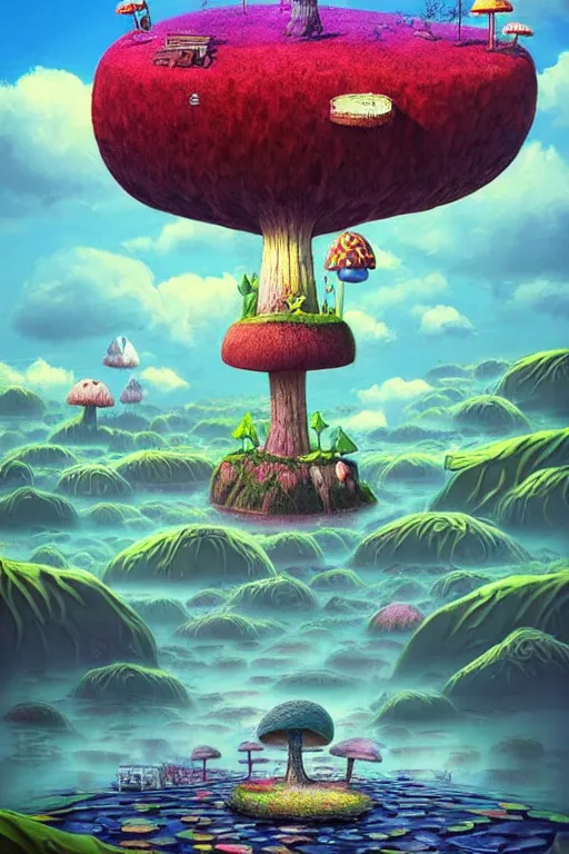 Image similar to surreal mushroom kingdom, floating island in the sky, water pipes in the ground, summer morning, very coherent and colorful high contrast, art by!!!! gediminas pranckevicius!!!!, geof darrow, dark shadows, hard lighting