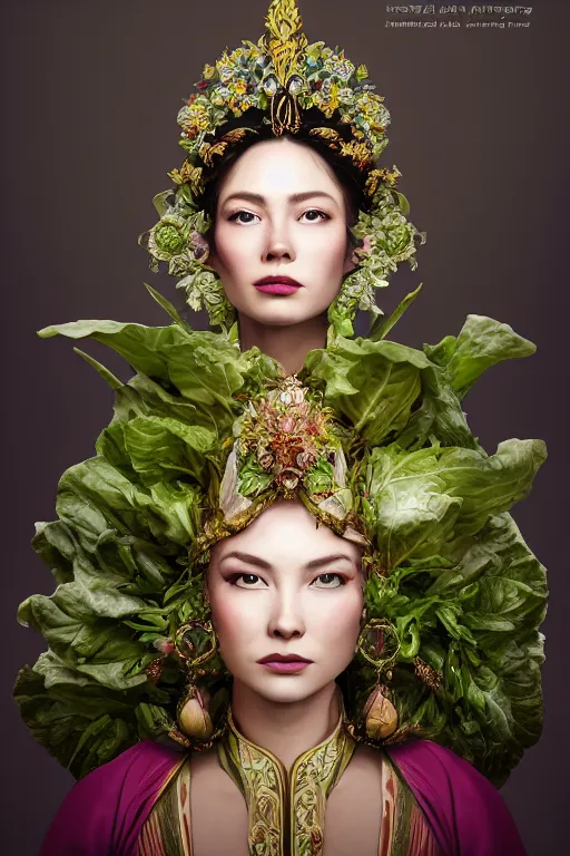 Image similar to a beautiful empress portrait, with a brilliant, impossible striking big salad headpiece, clothes entirely made out of salad, symmetrical, dramatic studio lighting, rococo, baroque, greens, asian, hyperrealism, closeup, D&D, fantasy, intricate, elegant, highly detailed, digital painting, artstation, octane render, 8k, concept art, matte, sharp focus, illustration, art by Artgerm and Greg Rutkowski and Alphonse Mucha