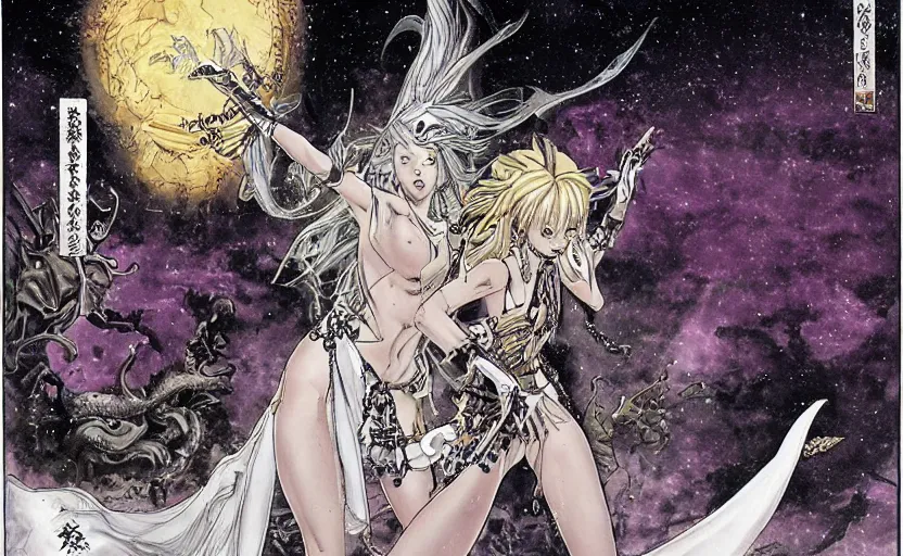 Prompt: A white priestess is conjuring a spell inside the ancient and mythical temple. By Masamune shirow