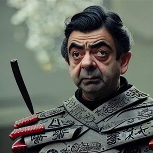 Image similar to an film still of rowan atkinson as samurai, cinematic, dramatic action