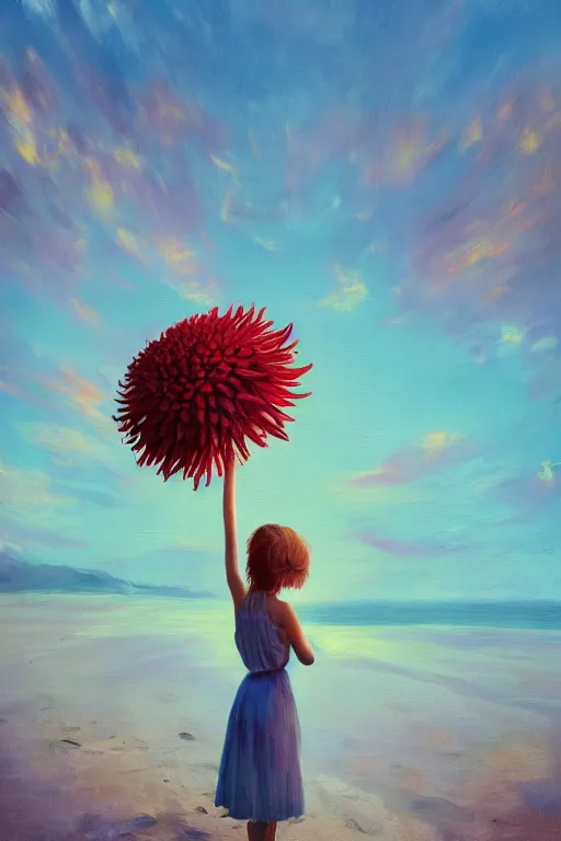 Image similar to closeup huge dahlia flower head, girl standing on beach, surreal photography, blue sky, sunrise, dramatic light, impressionist painting, digital painting, artstation, simon stalenhag