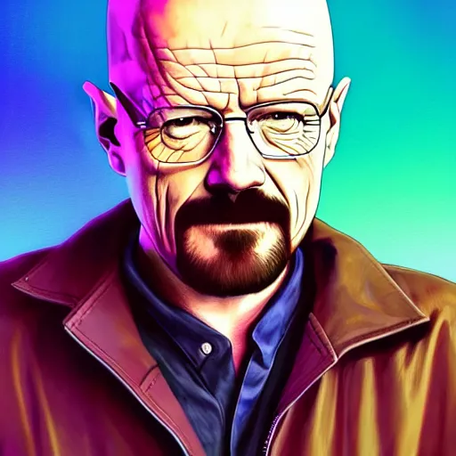 Prompt: walter white on top off jesse pinkman's back, and a purple coloured leather jacket, one side haircut, long brown hair with light blue ends, portrait, hyperdetailed, artstation, cgsociety, synthwave by tangerine dream, by jean - michel jarre, by vangelis, by john carpenter