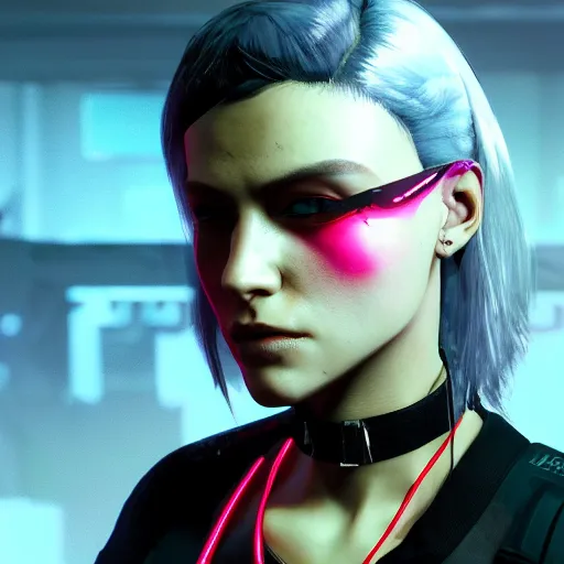 Image similar to headshot of punk female from cyberpunk 2077 wearing thick steel choker around neck, 4K, detailed face, collar on neck, realistic, artstation, neon,