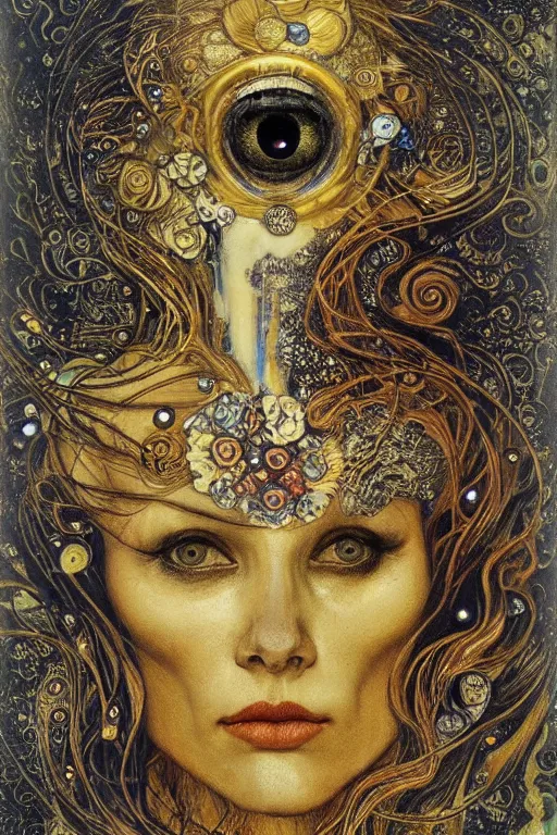 Image similar to Memento Mori by Karol Bak, Jean Deville, Gustav Klimt, and Vincent Van Gogh, beautiful visionary mystical portrait, calavera, otherworldly, fractal structures, ornate gilded medieval icon, third eye, spirals, jeweled calavera