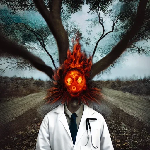 Prompt: An album cover, fire, mask, stethoscope!, (doctor), 3d render, (robot), (unreal engine), (rust), photograph, portrait, painting, ((forest))