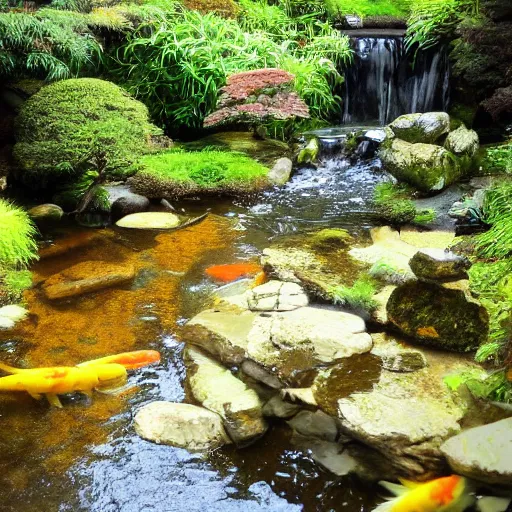 Image similar to photo of japanese house with small stream beside the house. koi fish are swimming in the stream, high detail, cinematic, beautiful