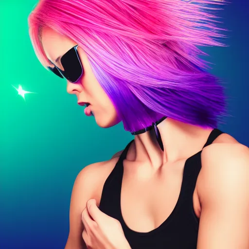 Image similar to a award winning action upper body portrait of a beautiful woman with a ombre purple pink hairstyle with head in motion and hair flying, choker, outrun, vaporware, vivid colors, highly detailed, fine detail, intricate