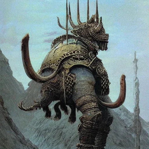 Image similar to mammoth rider concept art, clad in ancient norse armor, beksinski