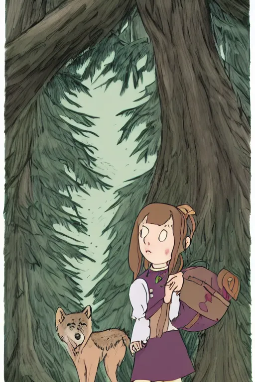 Image similar to young girl on a gray wolf, in a dark forest, in ghibli style