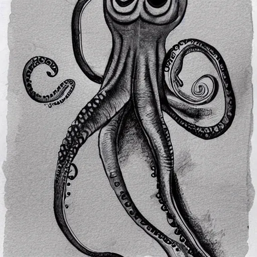 Prompt: ink drawing watercolored of a pidrioctopus was a curious funnel - headed cephalopod of considerable size, it was found in the fjords on the slopes of mount generous but also in the arctic ocean, hence the name similar to an ikea coffee table, it fed on small pelagic prey, the gratacuchtyos