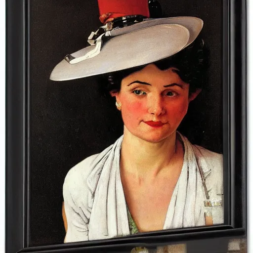 Image similar to frontal portrait of a woman with a giant, ridiculous hat, by norman rockwell