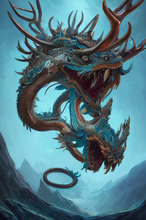 Image similar to cyan the complete dragon has a chinese dragon head, antlers, snake body, and eagle claws. the center of the picture hybrid fantasy, intricate, elegant, highly detailed, digital painting, artstation, concept art, matte, sharp focus, illustration by peter mohrbacher justin gerard zhang yu