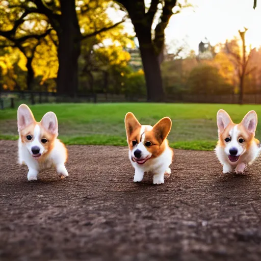 Image similar to 8k highly detailed photograph of the three most adorable Corgi Puppies playing in Central Park, golden hour,