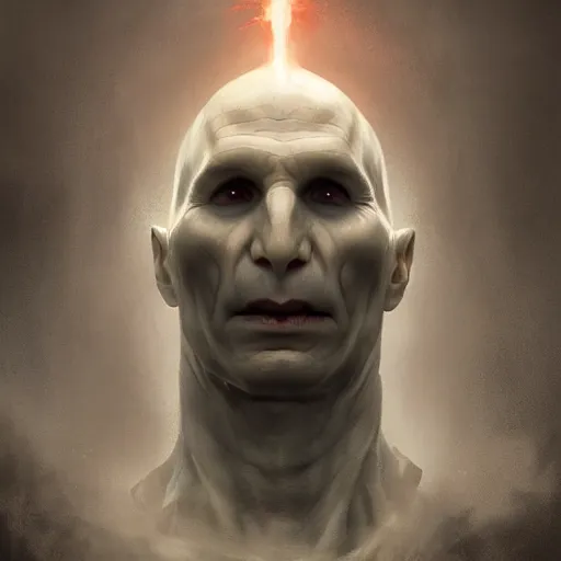 Prompt: portrait of voldemort, no nose, exudes terror, castle, mysterious breath, spitfire, photography, hyperrealistic, by greg rutkowski, smooth, illustration, elegant, artstation, digital painting.